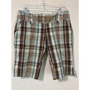 Fresh Wear Women Linen Blend Bermuda Shorts Sz 5 Brown Green Plaid